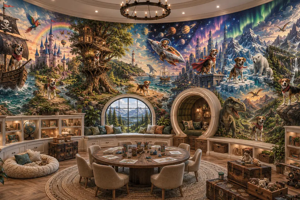 Luxury playroom showcasing ten hand-painted dog mural themes, from pirate adventures to dinosaurs and space, inspiring endless imagination and creative play.
