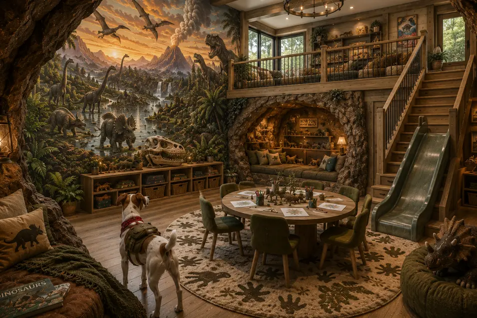 Dinosaur-themed playroom with a hand-painted dog explorer mural, cave reading nook, loft, slide, and prehistoric landscape that inspires imaginative adventure.
