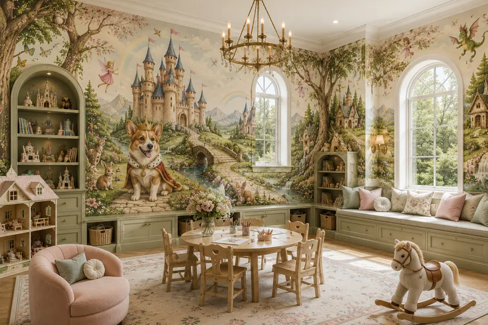 Fairy tale-inspired playroom with a hand-painted corgi castle mural, built-in window seating, storybook décor, and a whimsical space for imaginative play.