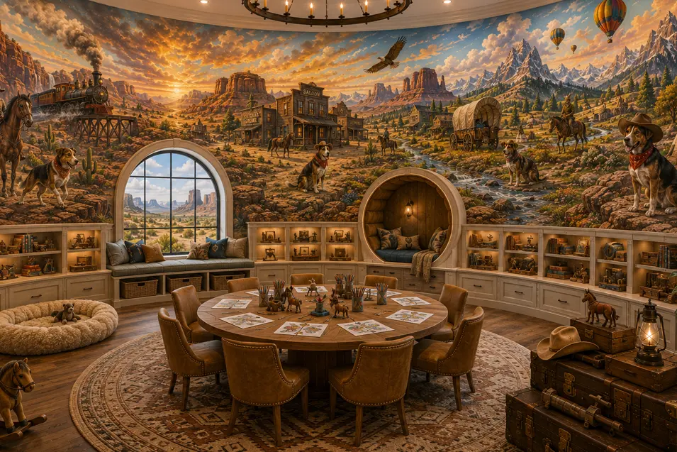 Luxury Western-themed children's library with a breathtaking cowboy mural, reading nooks, round craft table, and custom built-ins inspired by the American frontier.