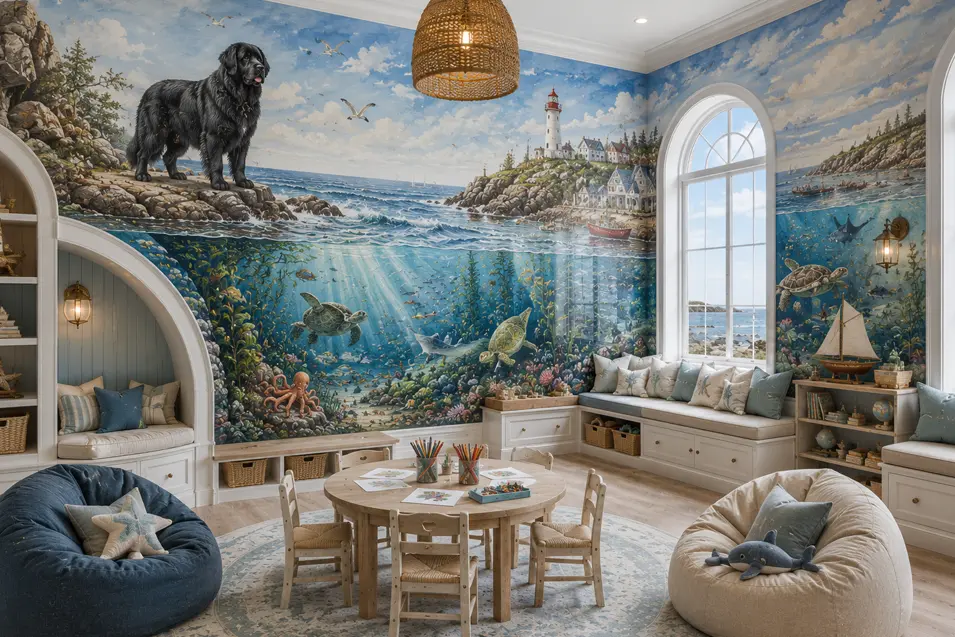 Coastal-themed playroom with a hand-painted Newfoundland mural, vibrant underwater seascape, lighthouse views, and cozy reading nooks for imaginative play.