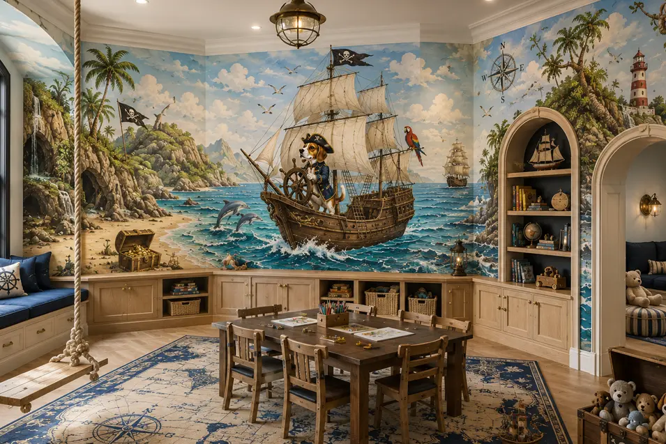 Pirate-themed playroom with a hand-painted beagle captain mural, built-in reading nooks, rope swing, and creative play area inspired by a tropical island adventure.