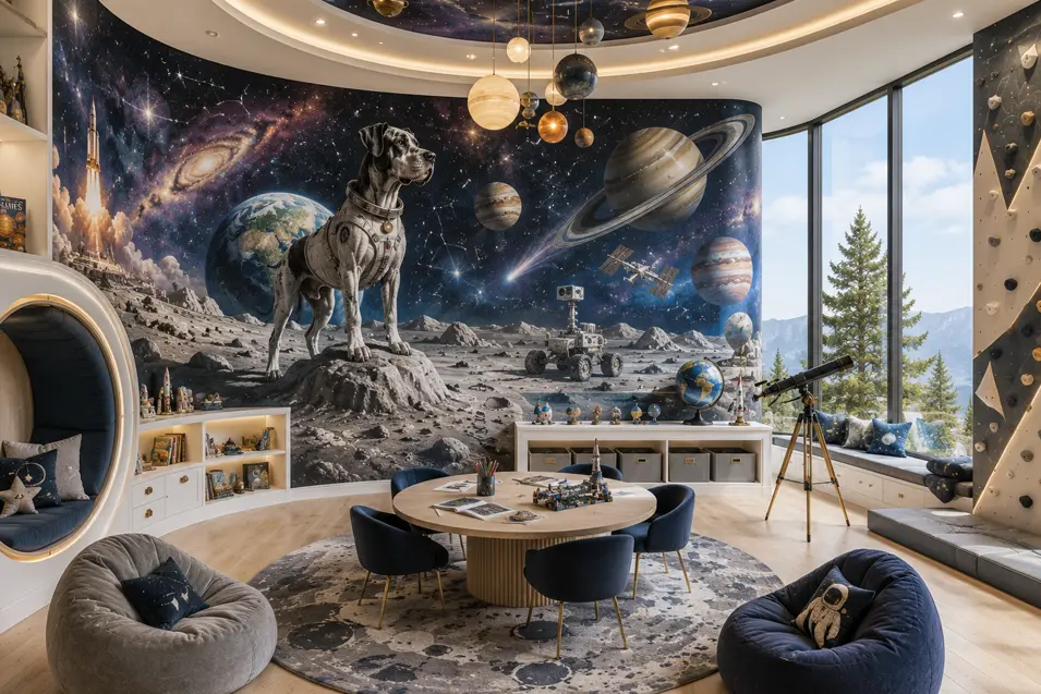 Space-themed playroom with a hand-painted Great Dane astronaut mural, planets, climbing wall, telescope, and interactive space for future explorers.