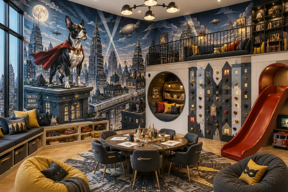 Superhero-themed playroom with a hand-painted Boston Terrier mural, climbing wall, loft, slide, and imaginative cityscape built for endless adventures.