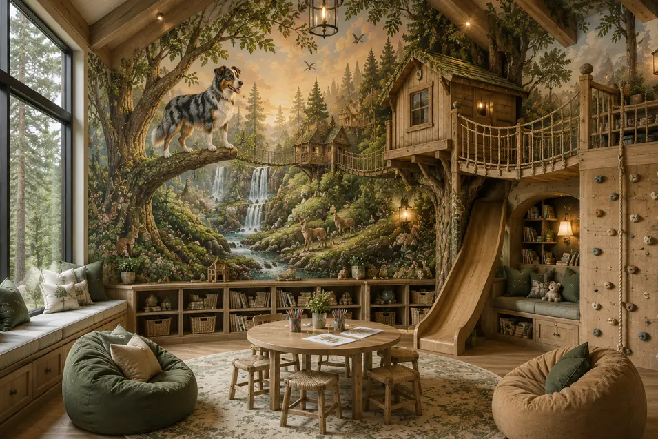 Woodland-themed playroom with a hand-painted Australian Shepherd mural, custom treehouse, climbing wall, slide, and cozy reading nook for endless adventure.