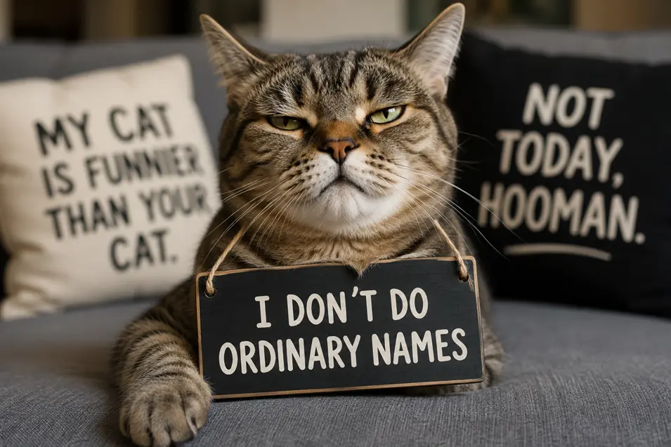 Grumpy tabby cat wearing an "I Don't Do Ordinary Names" sign, lounging between funny cat-themed pillows with a smug, hilarious expression.