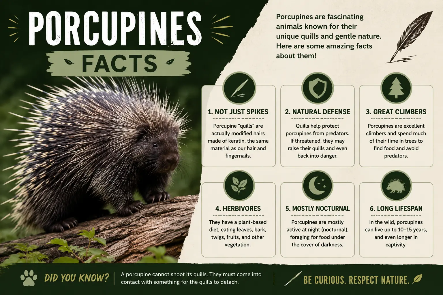 Porcupine facts infographic featuring six fascinating facts, a photorealistic porcupine, nature-inspired icons, and wildlife safety information.