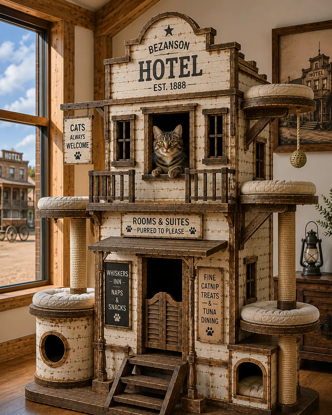 A Prairie hotel reimagined as a luxury cat tree, with elevated perches, cozy suites, scratching posts, and frontier hospitality.