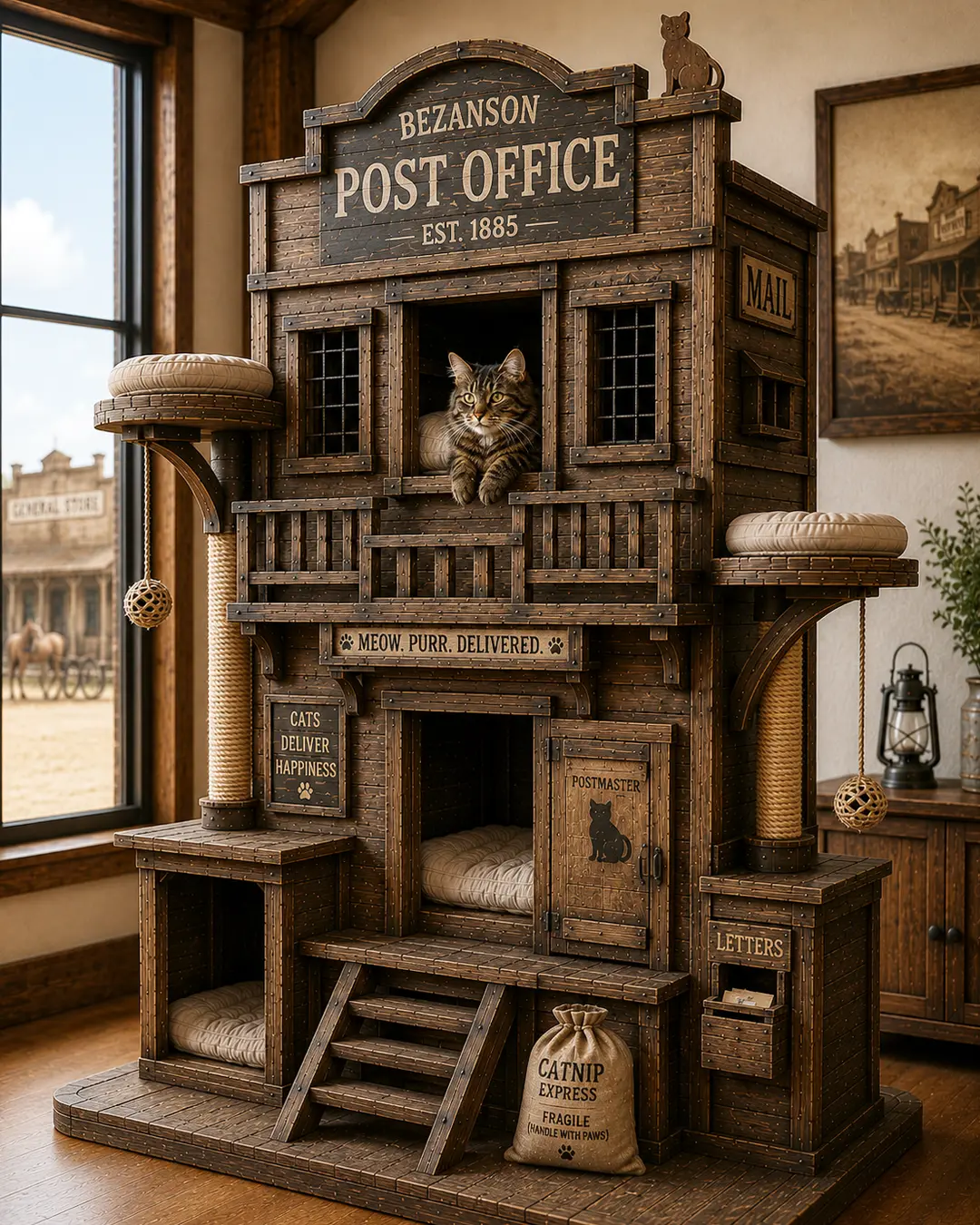 Inspired by Prairie frontier post offices, this handcrafted luxury cat tree features cozy hideaways, climbing platforms, and Old West charm.