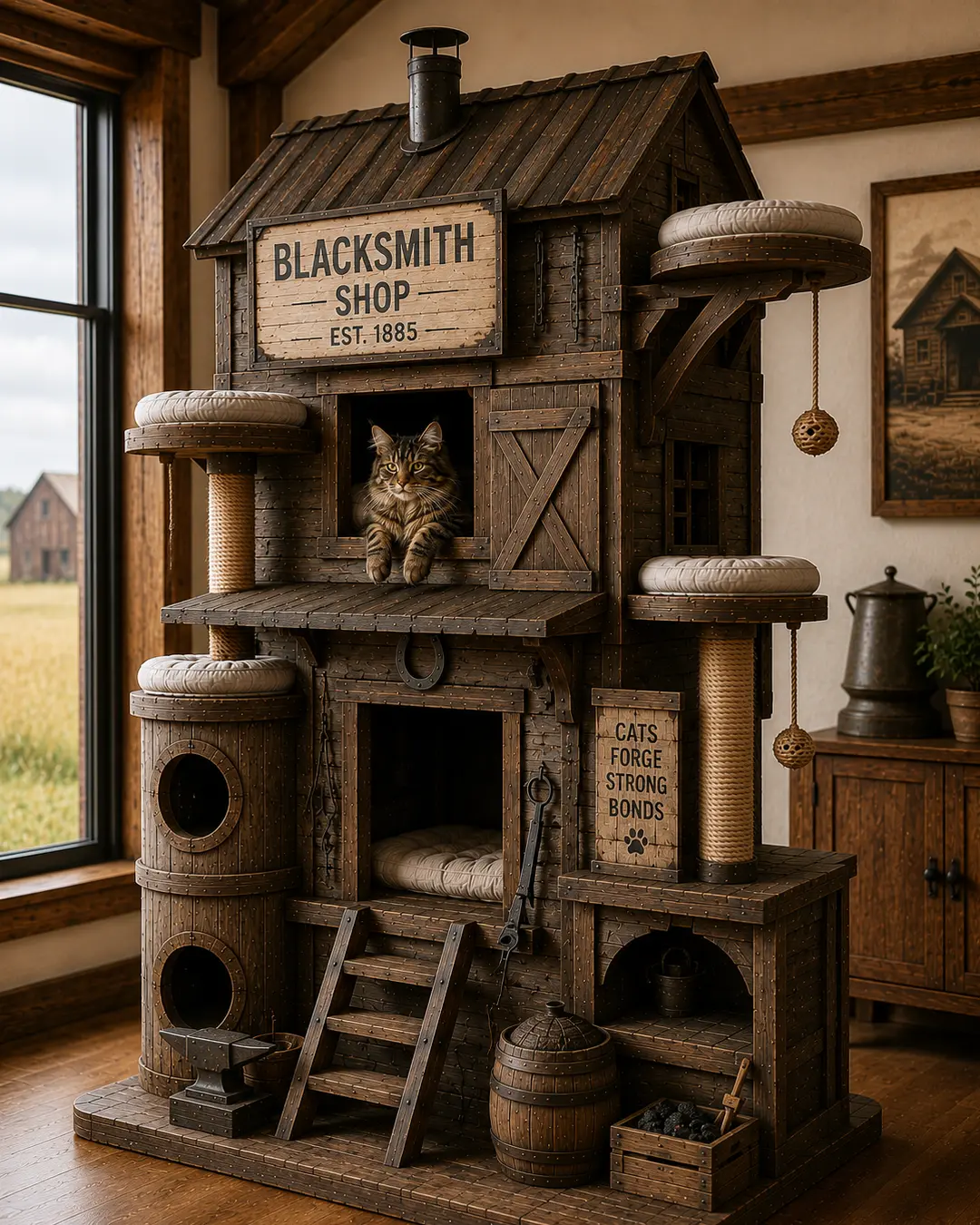 A Prairie blacksmith shop reimagined as a luxury cat tree, with forge-inspired details, cozy dens, and handcrafted rustic character.