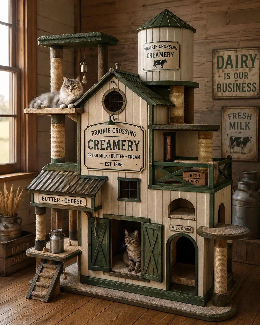Luxury Prairie Crossing Creamery cat tree with farmhouse charm, featuring a milk silo tower, cozy hideaways, climbing platforms, and playful feline residents.