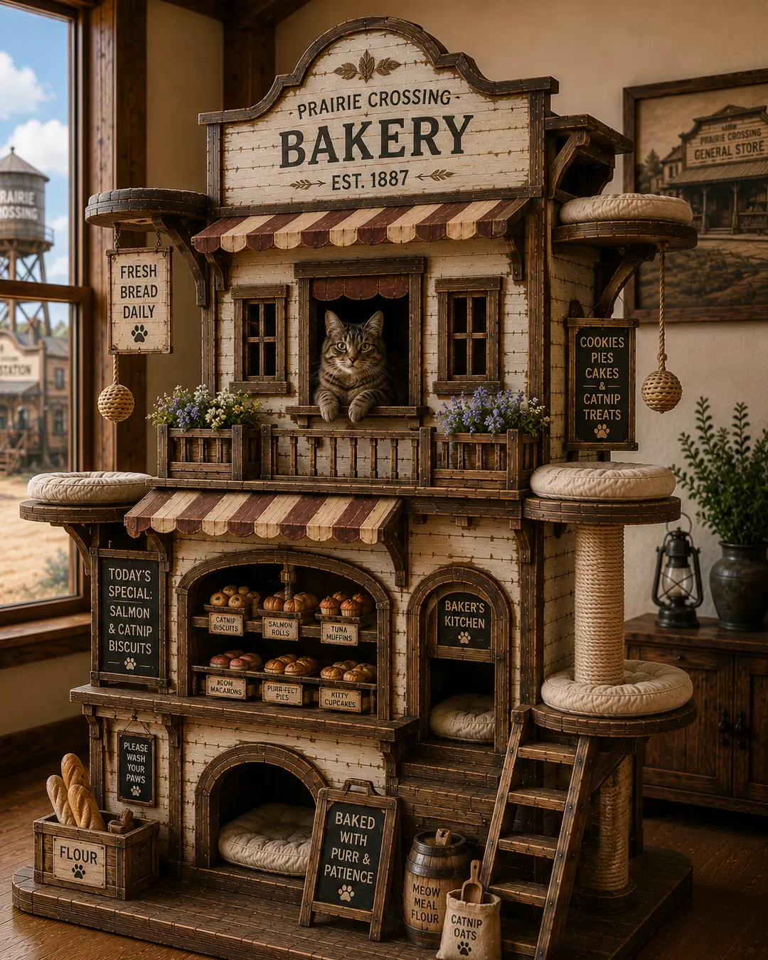 Historic Prairie bakeries inspire this luxury cat tree with climbing routes, cozy hideaways, and handcrafted frontier style.