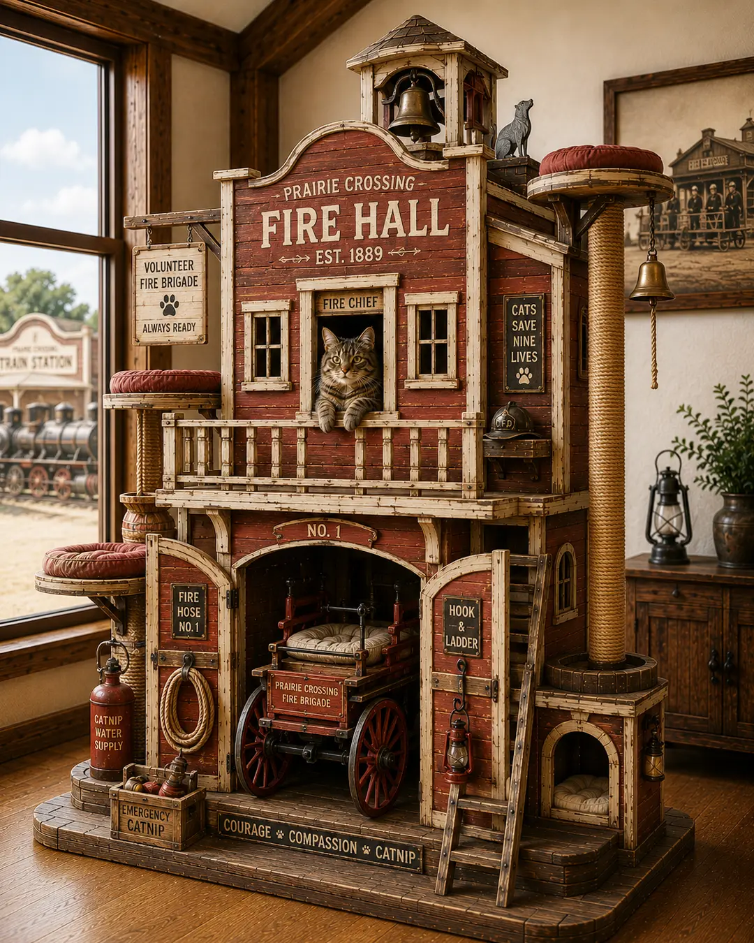 A Prairie fire hall reimagined as a luxury cat tree, with lookout perches, cozy dens, scratching posts, and vintage firefighting character.