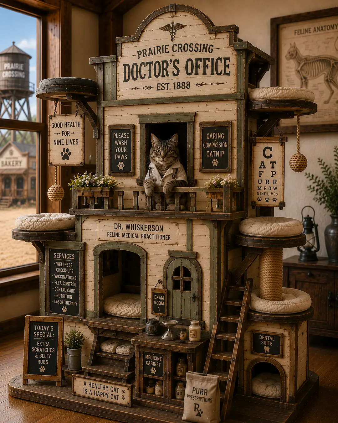 Inspired by Prairie country doctor's offices, this handcrafted luxury cat tree features cozy hideaways, climbing platforms, and small-town charm.