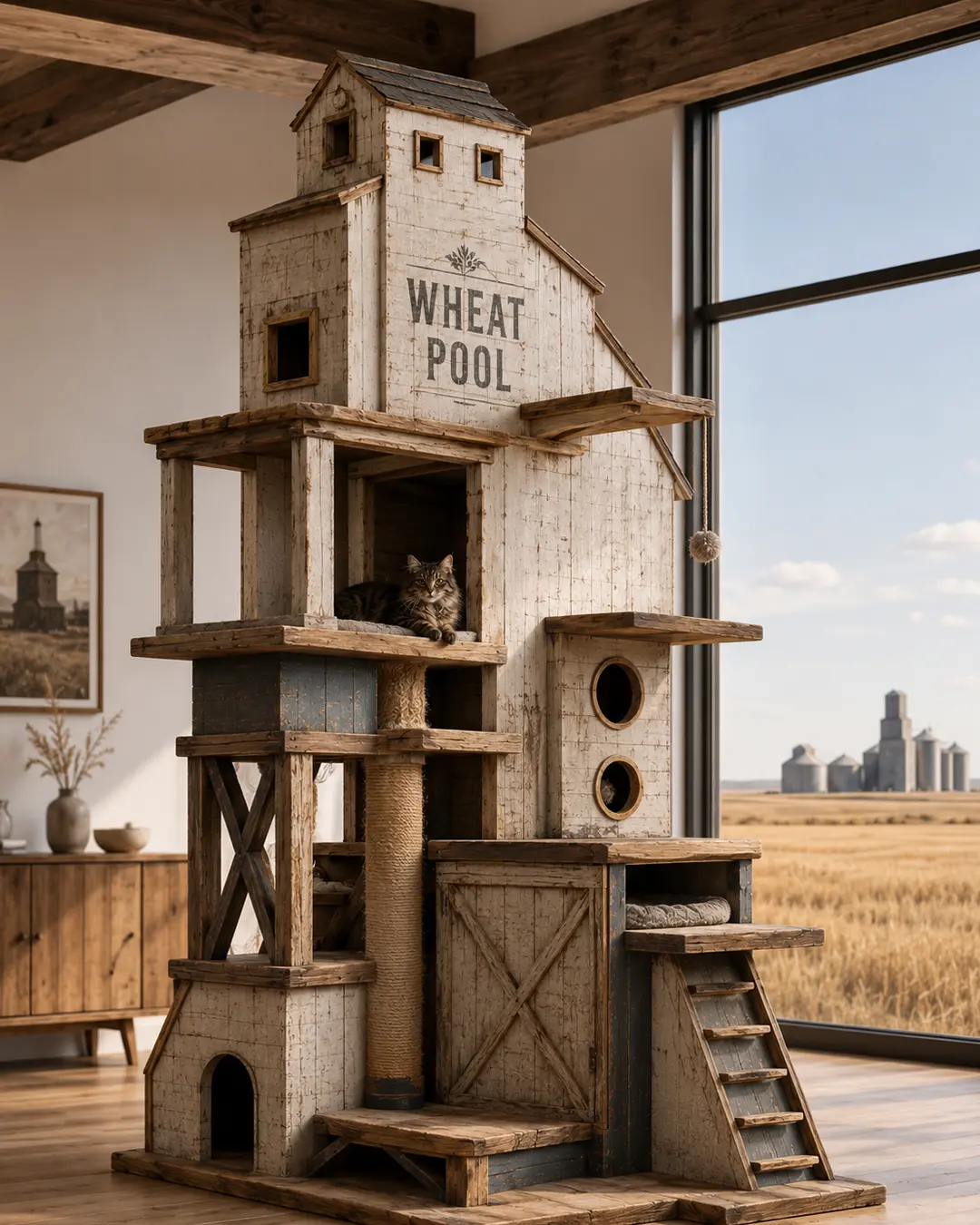 A towering prairie wheat pool inspires this handcrafted luxury cat tree, with rustic hideaways, climbing platforms, and farmhouse charm.