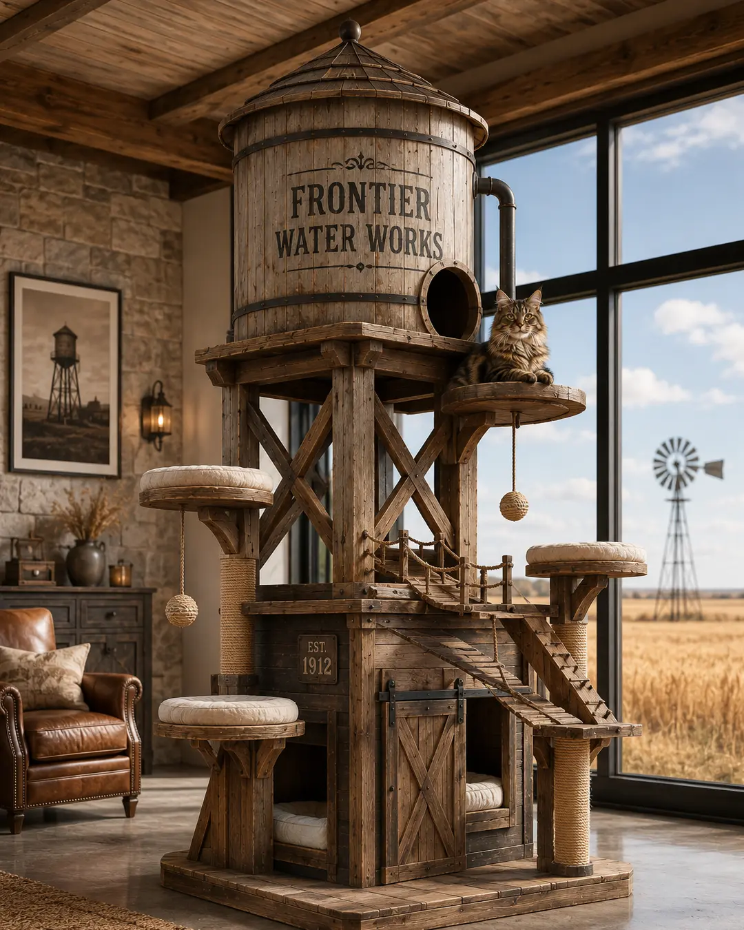 A Prairie water tower reimagined as a luxury cat tree, with elevated perches, rope bridges, cozy dens, and timeless farmhouse style.