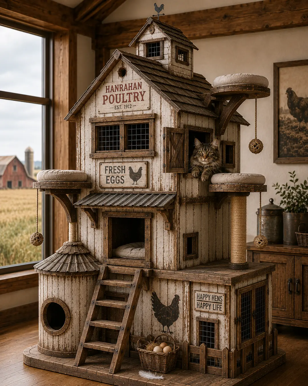 Inspired by Prairie poultry barns, this handcrafted luxury cat tree features cozy hideaways, climbing platforms, and rustic farm charm.