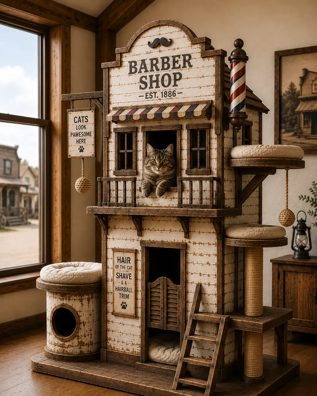 Inspired by Prairie frontier barber shops, this handcrafted luxury cat tree features cozy hideaways, climbing platforms, and Old West charm.