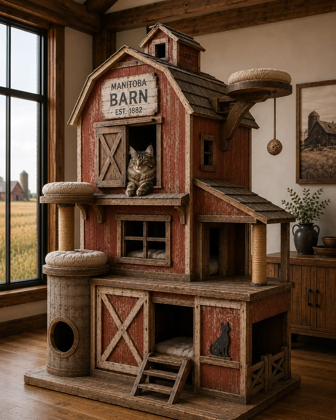 A Prairie barn reimagined as a luxury cat tree, with loft perches, cozy dens, scratching posts, and rustic country character.