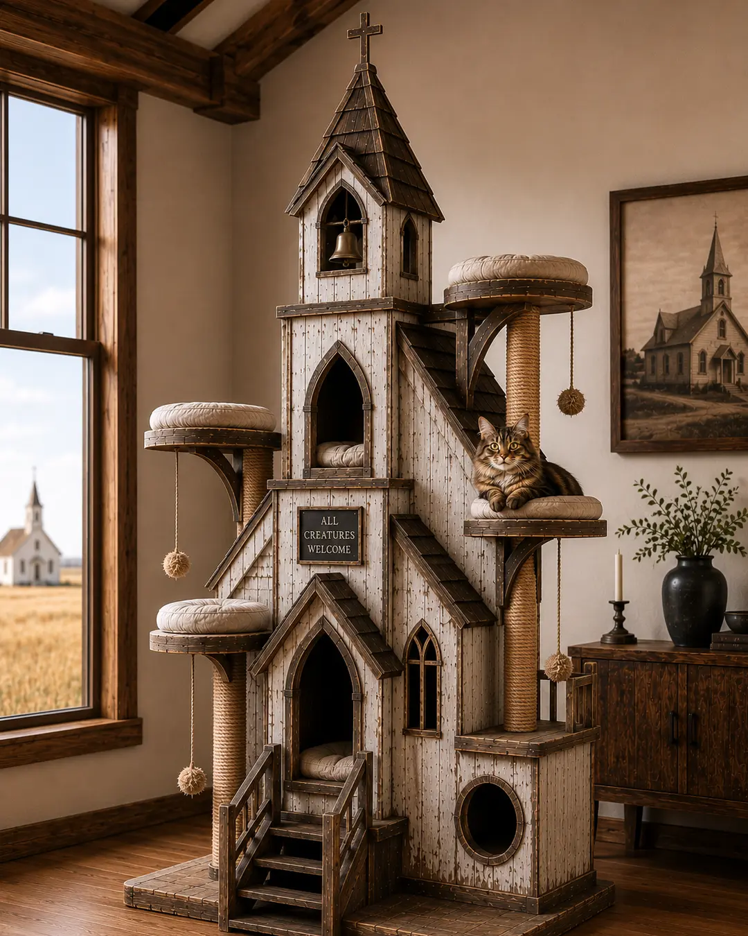 Inspired by Prairie country chapels, this handcrafted luxury cat tree features cozy hideaways, climbing platforms, and timeless rural charm.