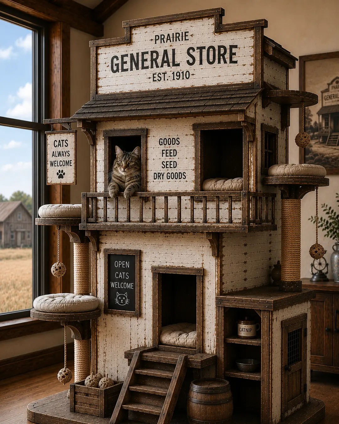 Inspired by Prairie general stores, this handcrafted luxury cat tree features cozy hideaways, climbing platforms, and timeless frontier charm.
