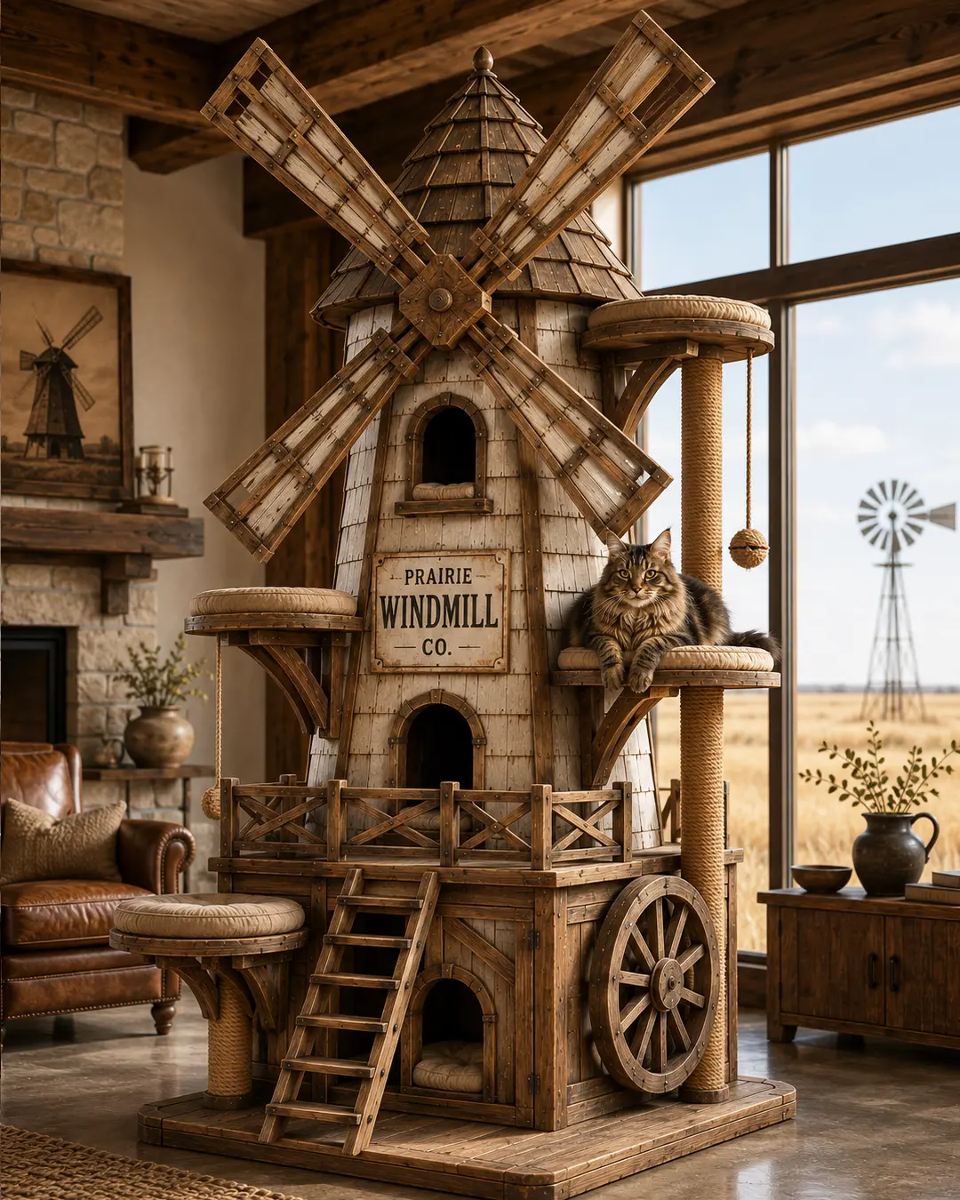 A Prairie windmill reimagined as a luxury cat tree, with elevated perches, cozy dens, scratching posts, and timeless rural character.