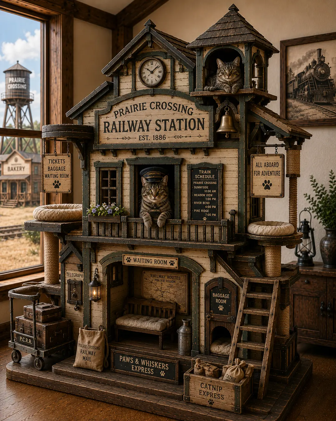 Inspired by Prairie railway stations, this handcrafted luxury cat tree features cozy hideaways, climbing platforms, and timeless frontier charm.