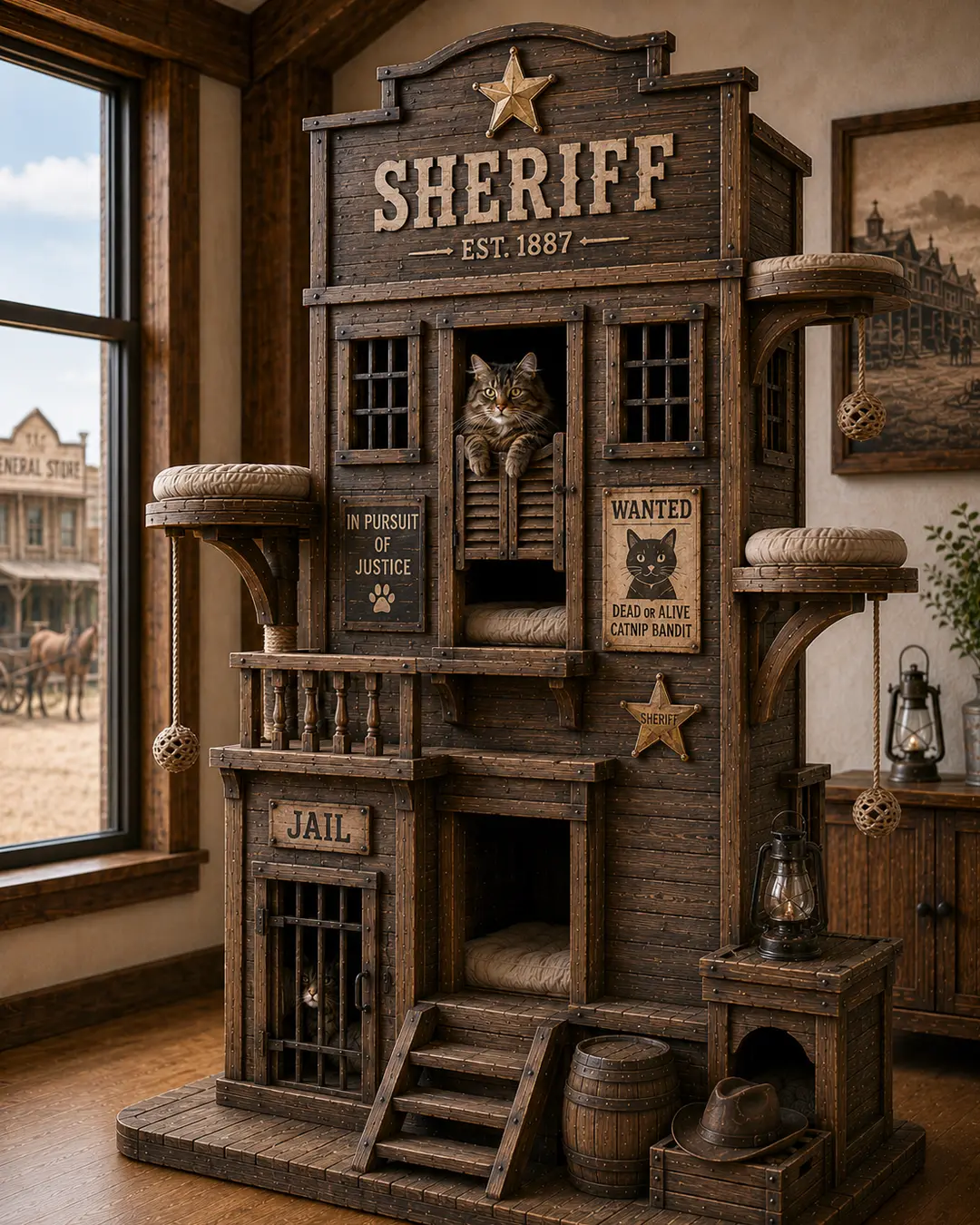 Inspired by Prairie frontier sheriff's offices, this handcrafted luxury cat tree features cozy hideaways, climbing platforms, and Old West charm.