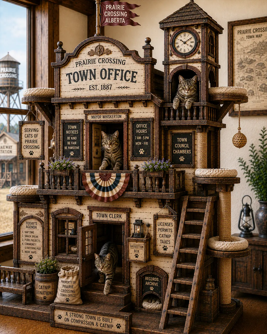 Inspired by Prairie town halls, this handcrafted luxury cat tree features cozy hideaways, climbing platforms, and timeless civic charm.