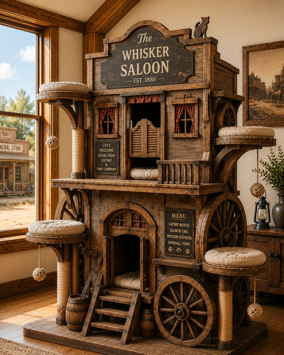 Inspired by Prairie frontier saloons, this handcrafted luxury cat tree features cozy hideaways, climbing platforms, and Old West charm.