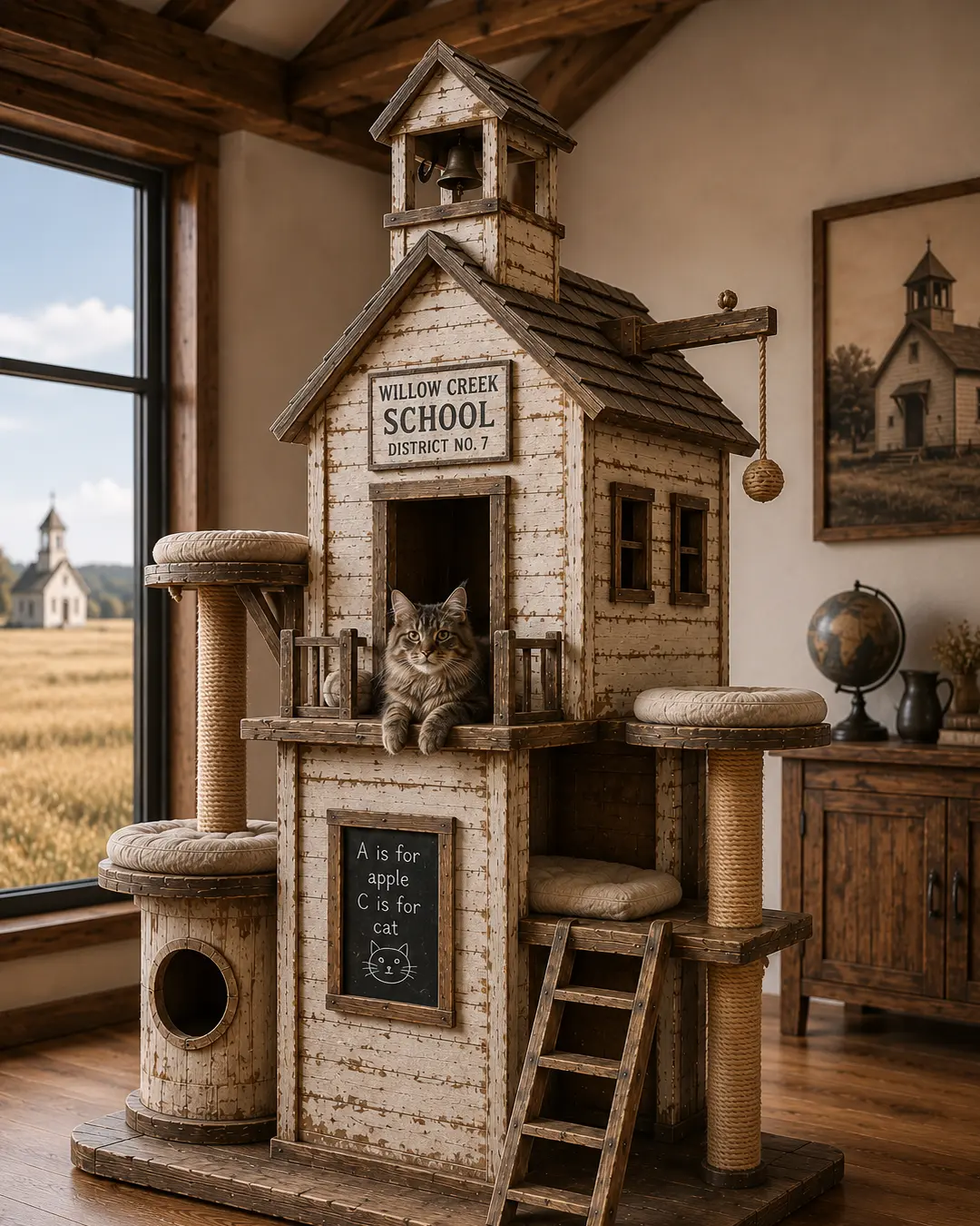 A Prairie schoolhouse reimagined as a luxury cat tree, with cozy classrooms, elevated perches, scratching posts, and rustic character.