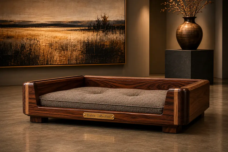 Luxury handcrafted walnut dog bed with sculpted corners, a plush taupe cushion and timeless modern design in a sophisticated gallery-inspired setting.