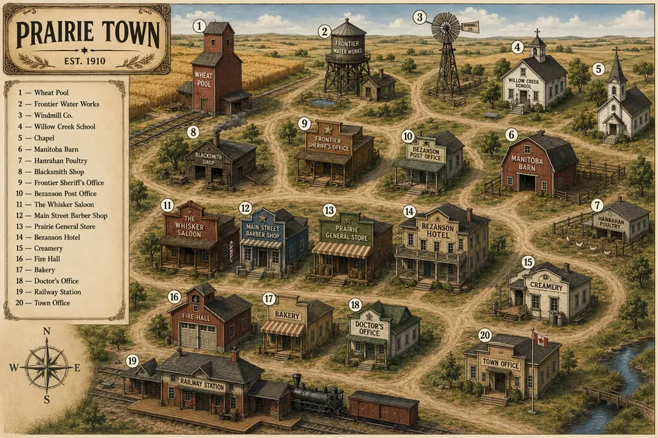 Vintage illustrated map of Prairie Town featuring 20 numbered prairie-inspired buildings, winding dirt roads, and a charming early-1900s Western Canadian landscape.