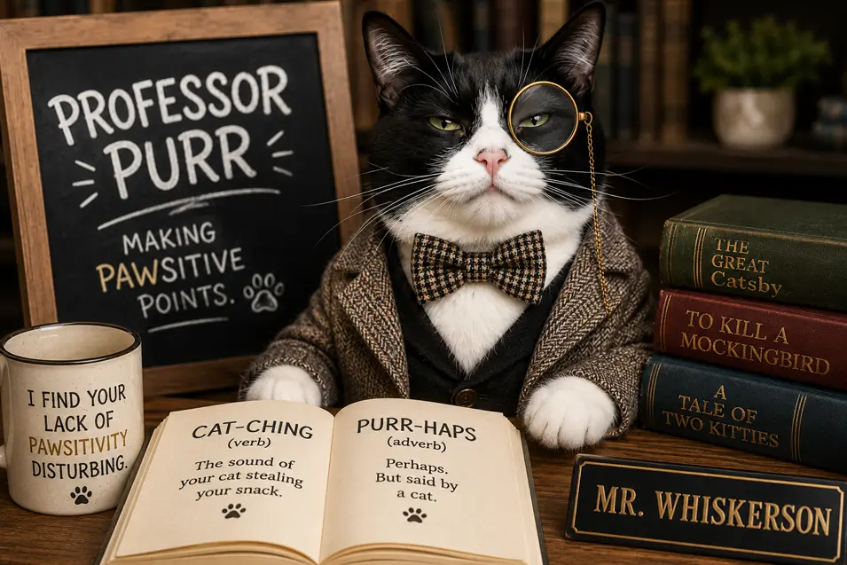 Sophisticated tuxedo cat dressed as "Professor Purr," complete with monocle, bow tie, and witty cat puns in a cozy library full of books.