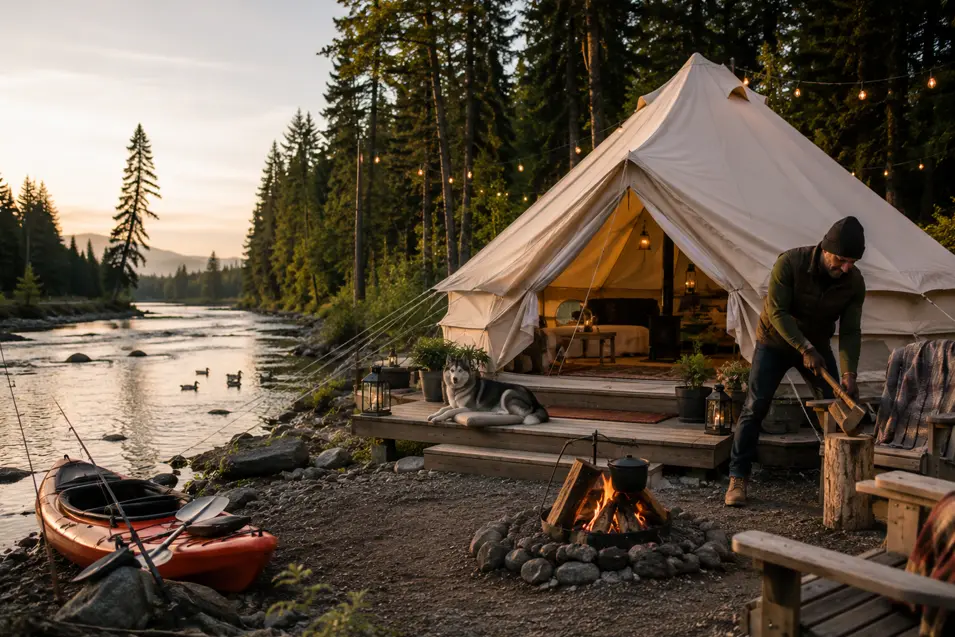 Luxury riverfront bell tent with a husky, man chopping firewood, kayak on the shore and ducks drifting down a peaceful forest river at sunset.