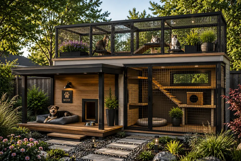Modern two-story pet retreat with a covered dog house below and rooftop observation catio above, connected by ramps for endless feline exploration.