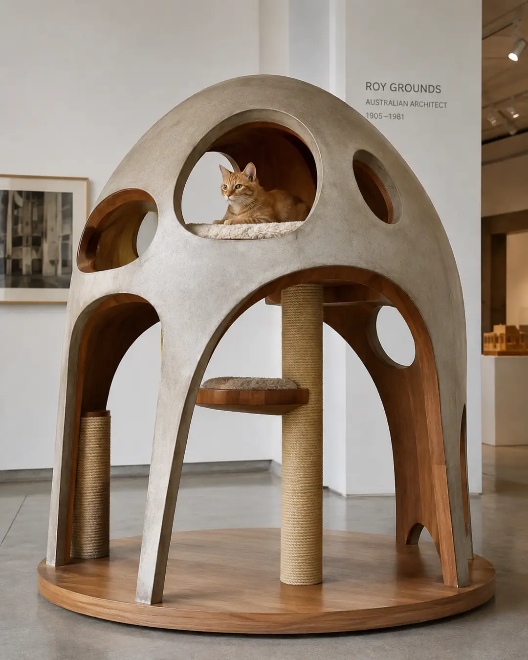 Roy Grounds-inspired luxury cat tree with bold geometric forms, clean modernist lines, sculptural platforms, and timeless Australian architectural elegance.