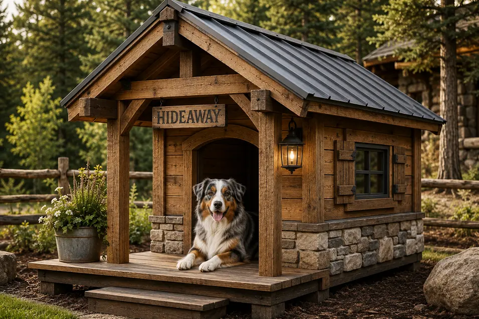 Rustic cedar cabin dog house with timber beams, stone base and metal roof, featuring a loyal Australian Shepherd on a cozy covered porch.