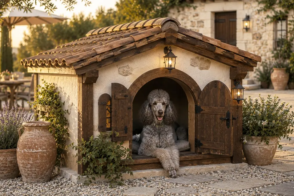 Elegant Mediterranean dog house with stucco walls and terracotta roof, featuring a graceful Standard Poodle relaxing in a sunlit Tuscan courtyard.