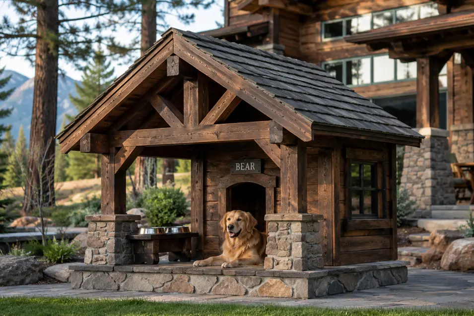 Rustic mountain lodge-style dog house with timber beams, stone accents and a covered porch, nestled in a landscaped backyard with a happy Golden Retriever.