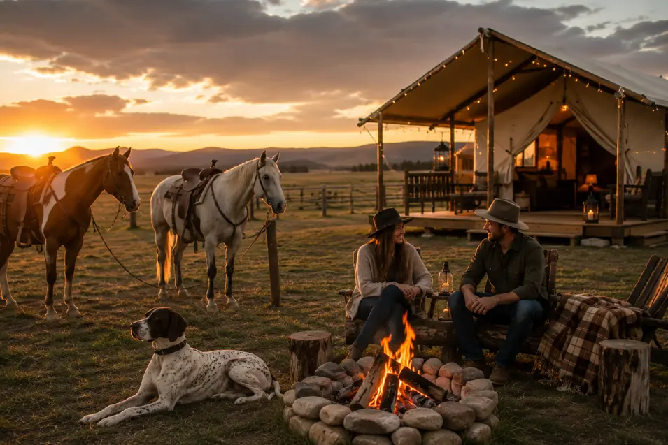 Rustic ranch glamping with a couple, two horses, a Pointer relaxing by the campfire and a luxury canvas tent overlooking endless western meadows.