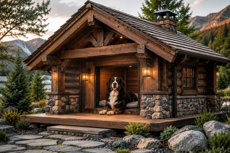 Rustic timber lodge dog house with log beams, stone accents and a covered porch, featuring a relaxed Bernese Mountain Dog in a mountain setting.