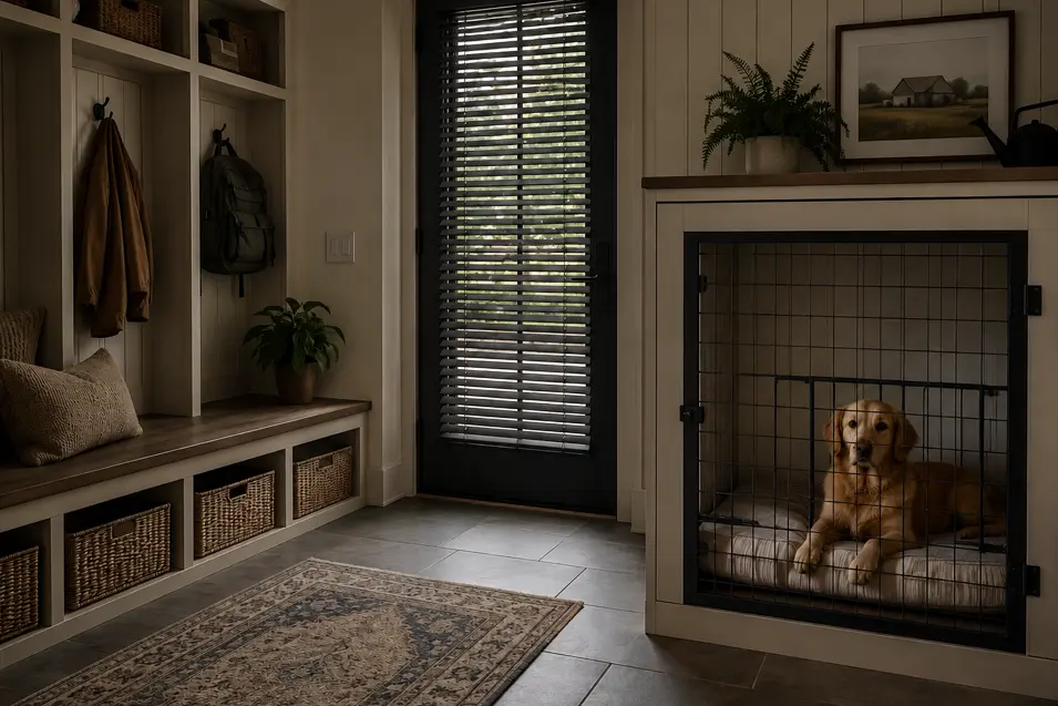 Modern farmhouse mudroom with a built-in dog kennel, closed blinds, and soft moody lighting creates a cozy, calming retreat for a relaxed dog.