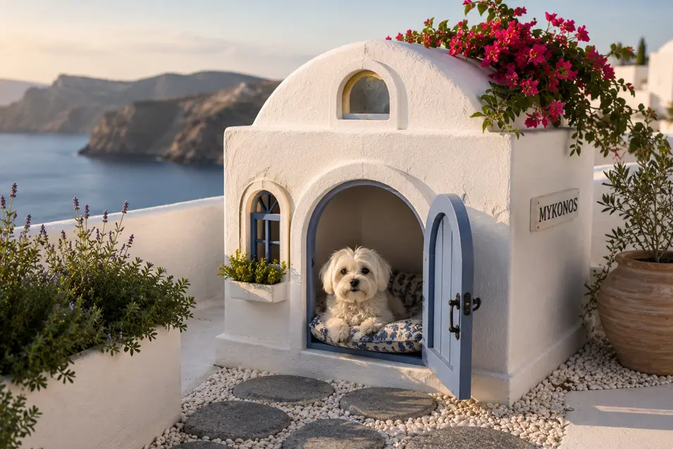 Charming Mediterranean dog house inspired by Santorini, with white stucco, blue accents and blooming flowers, featuring an adorable Maltese overlooking the sea.