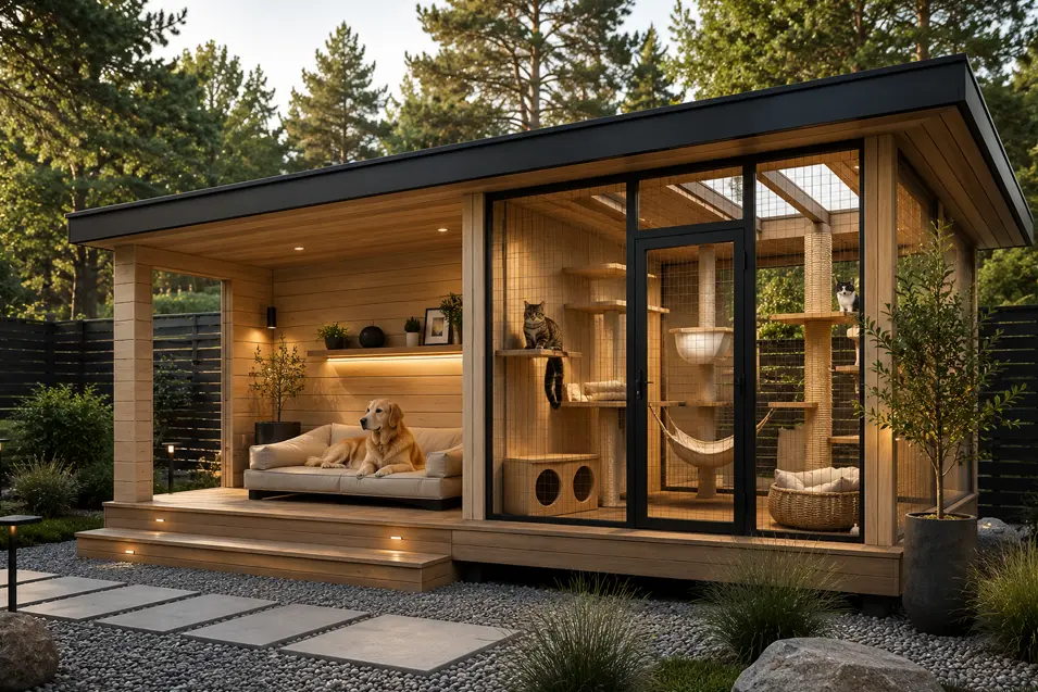 Luxury Scandinavian backyard lodge combining a cozy dog house with an enclosed catio, featuring warm cedar, modern glass, and premium pet-friendly design.