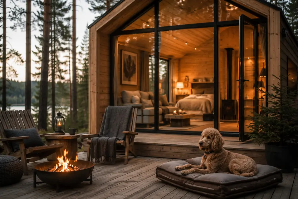 Scandinavian forest cabin with warm wood interiors, oversized windows and a senior poodle relaxing by the fire in peaceful woodland surroundings.