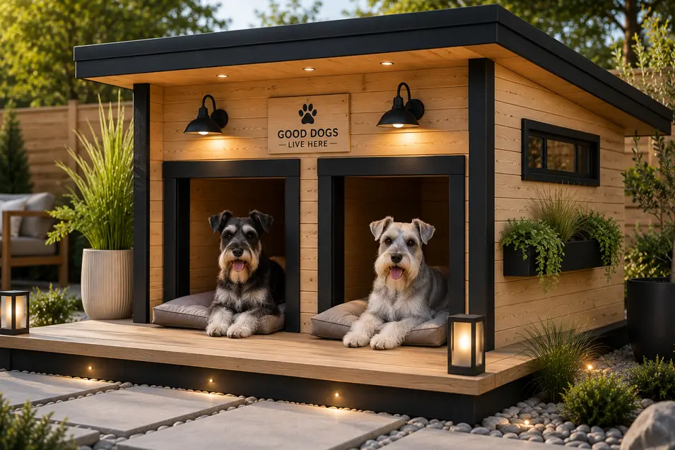 Scandinavian-inspired double dog house in light wood with black accents, featuring two Miniature Schnauzers relaxing on plush orthopedic beds.
