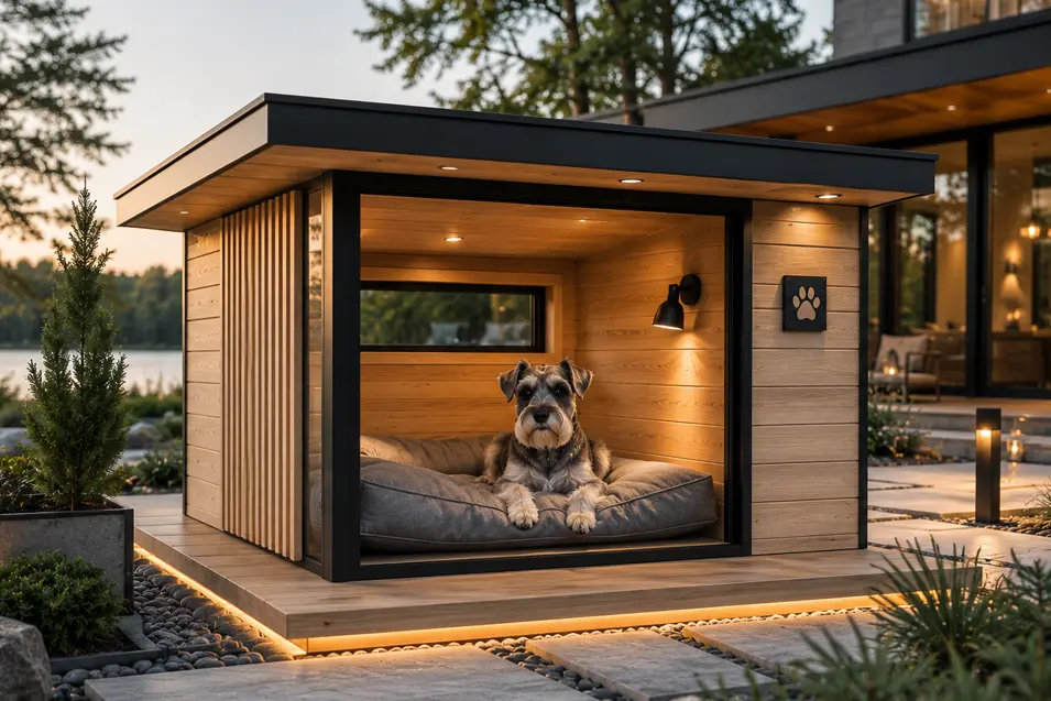 Luxury Scandinavian cedar dog house with black accents and a panoramic window, featuring a relaxed Miniature Schnauzer on a plush orthopedic bed.