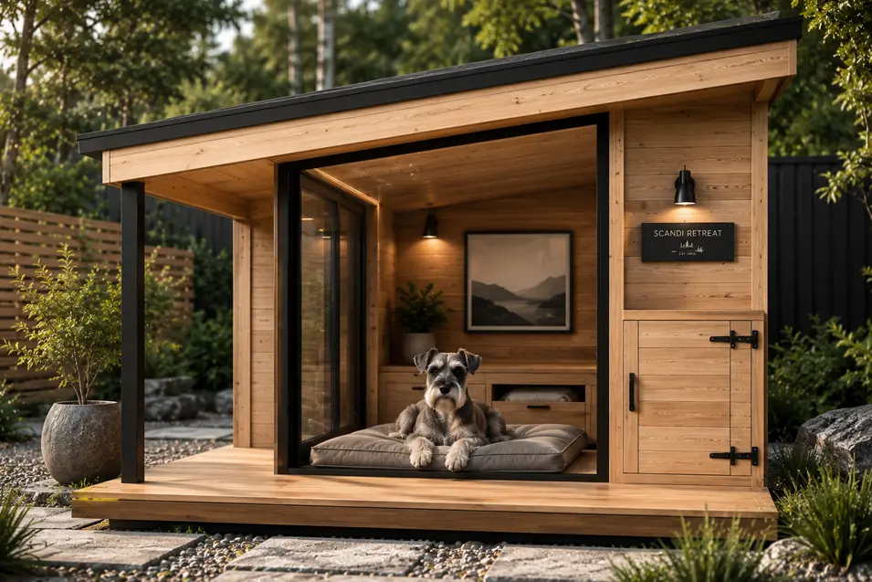 Scandinavian luxury dog house with cedar siding, black accents, large window, and a Miniature Schnauzer relaxing on an orthopedic bed.
