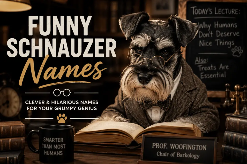 Humorous Miniature Schnauzer dressed as a scholarly professor, reading books in a vintage library with quirky signs and a playful academic theme.